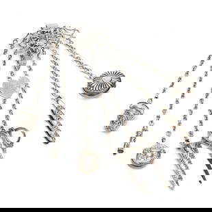 Victorian Silver Chatelaine: Victorian Silver ChatelaineChester (1899), mark of KC & S, featuring openwork floral decoration to the clip, with attachments including a thimble and bucket, sewing scissors and sheath, two pill boxes