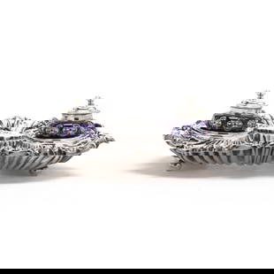 Continental Silver Repousse Inkwell with Cobalt Glass Jars: Continental Silver Repousse Inkwell with Cobalt Glass Jarsthe inkwell with unidentified mark of a seahorse, rocaille form, set with two cobalt cut to clear glass jars with gilt highlights, not monogra