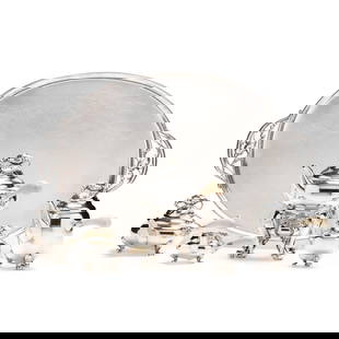 Georg Jensen Blossom Six-Piece Sterling Silver Tea & Coffee Service: Georg Jensen Blossom Six-Piece Sterling Silver Tea & Coffee Serviceincluding an oval double handled serving tray, 2G (28 3/4 x 19 5/16 in.); kettle on stand 2B (11 1/4 in.); coffee pot 2D (8 1/4 in.);