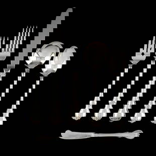 Towle French Provincial Sterling Silver Flatware Service: Towle French Provincial Sterling Silver Flatware Service (58) pieces to include: (8) dinner knives (9 in.); (9) dinner forks (7 in.); (9) salad forks (6 1/4 in.); (11) teaspoons (6 in.); (7) round