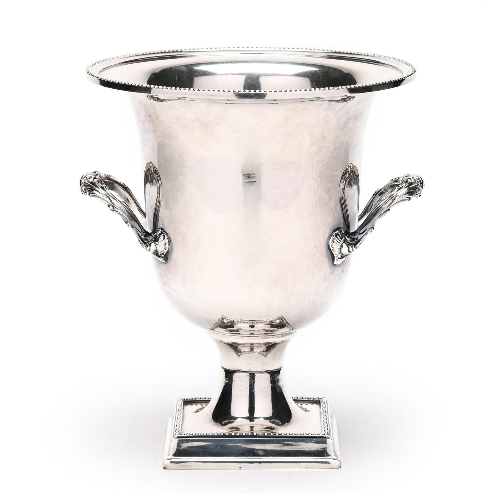 Gorham Silver-Plated Wine Cooler: Gorham Silver-Plated Wine Coolerpattern number YC1272, an urn form featuring a bead course rim and pedestal base with scrolled foliate double handles, without a monogram. 10 3/4 x 9 in. dia. From the
