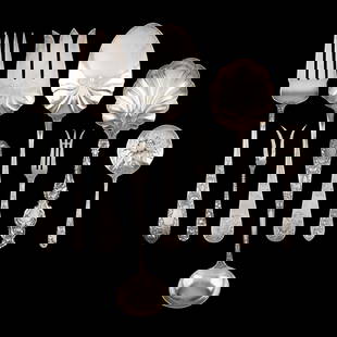 Eight Assorted Sterling Silver Flatware Servers: Eight Assorted Sterling Silver Flatware Serversincludes a Whiting Lily of the Valley casserole spoon; a Towle engraved salad serving set, retailed by C.F. Greenwood & Bro. and S. Kirk & Son Rose meat