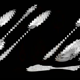 Four Antique American Sterling Silver Flatware Servers: Four Antique American Sterling Silver Flatware Serversincludes a Durgin Du Barry, casserole spoon, patented 1901; a pair of Whiting Arabesque serving spoons, retail mark of M. W. Galt & Bro.; and a ma