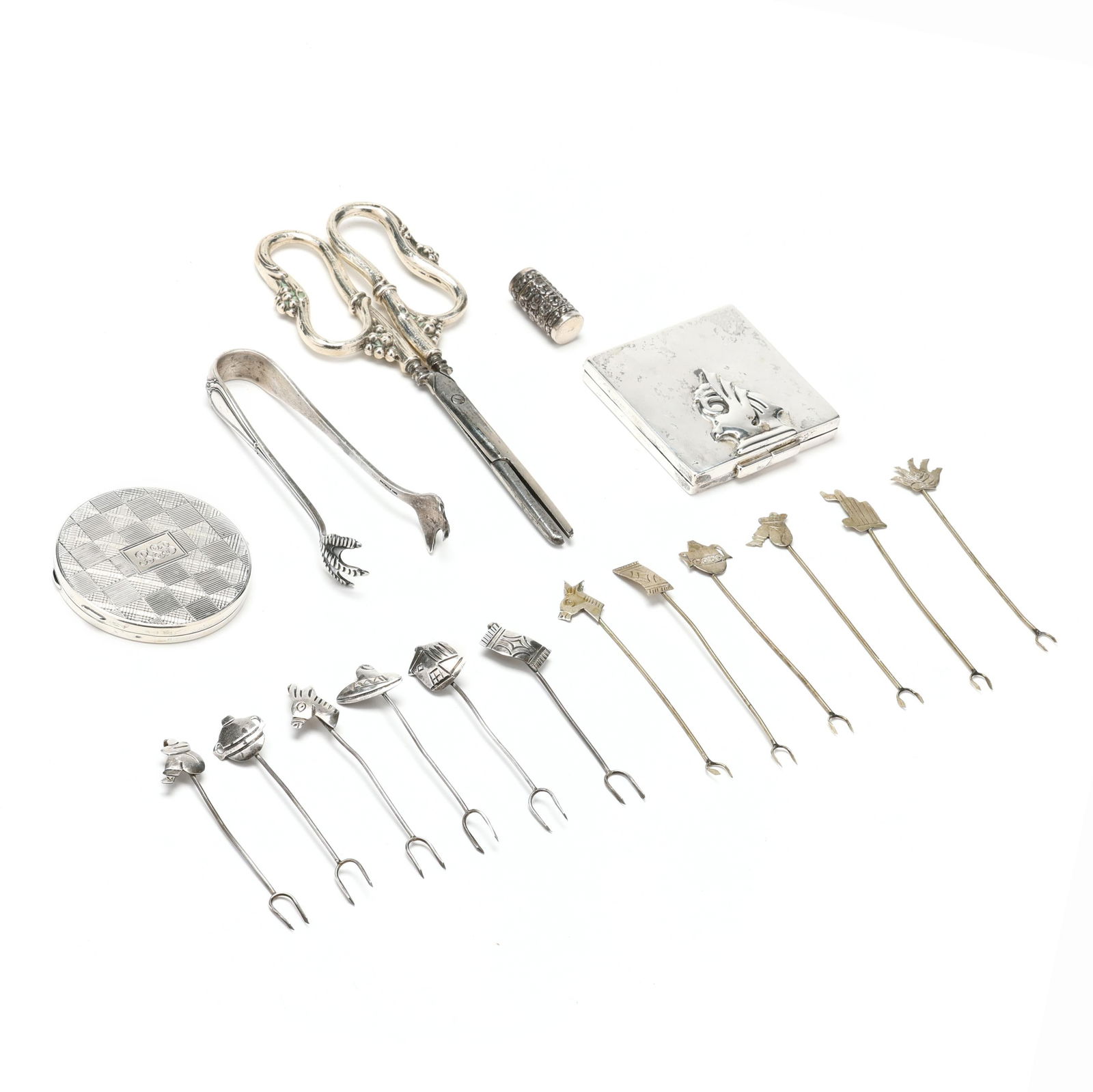 Selection of Sterling and Silver-Plated Flatware and Accessories: Selection of Sterling and Silver-Plated Flatware and Accessories(17) items to include: (2) silver-plated compacts, a silver-plated pill box; (12) Mexican silver cocktail picks, some marked "Sterling";