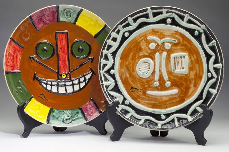 Two Ceramic Face Plates After Pablo Picasso: Two Ceramic Face Plates After Pablo Picassoincluding clock face (114/200), and abstract face in brown and turquoise (12/200), marked "Edition Picasso."14.5 in. diameterEstate Collection of the late "D