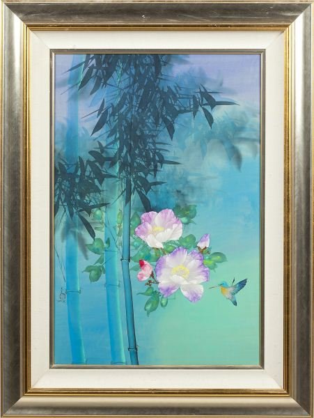 David Lee (b. 1944), Bamboo & Flowers: David Lee (b. 1944), Bamboo & Flowersmixed media on silk on canvas, signed and with artist seal at lower left, silk liner with gilt frame. SS 35 x 23 in.; DOA 48 x 36 in.The youngest winner ever of th
