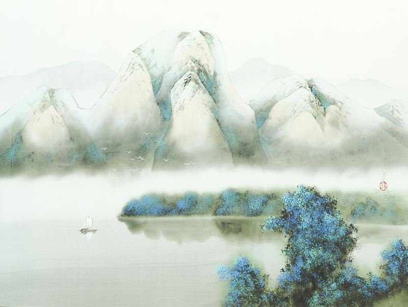 David Lee (b. 1944), Classical Chinese Landscape: David Lee (b. 1944), Classical Chinese Landscapelithograph in colors, artist signed and numbered 37/215 in pencil and with red seal, mounted and matted under glass in silver tone frame.Paper 21 x 27.5