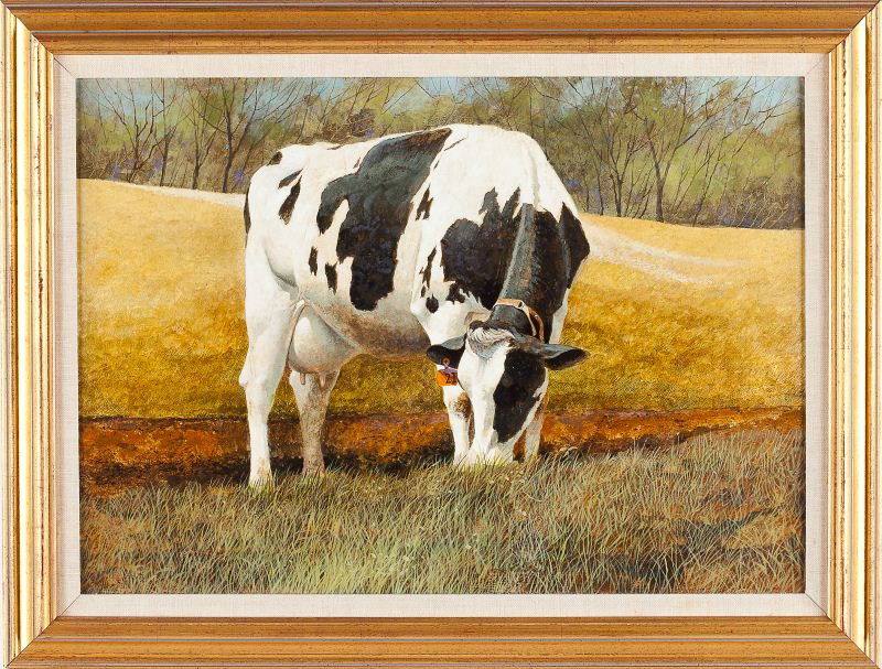 R. Benjamin Jones (MD, b. 1936), Cow: R. Benjamin Jones (MD, b. 1936), Cowoil on board, signed at middle left "R. Benjamin Jones," presented in a contemporary gold frame with linen liner.SS 14.5 x 20.5 in.; DOA 19 x 25 in.A native of Balt