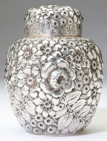 American Sterling Silver Repousse Tea Caddy: American Sterling Silver Repousse Tea Caddy by Galt & Davis for retail by Bailey, Banks, & Biddle; circa 1890, ovoid form with removable cover. 4.5 in. 5.55 troy oz. Dunscomb-Phillips Family, Memphis,