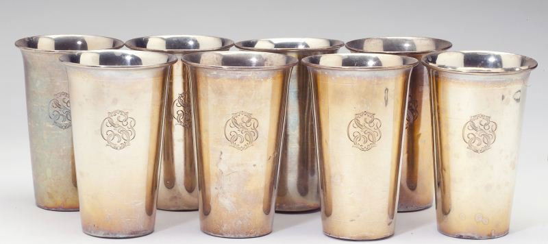Set of Eight Sterling Silver Tumblers: Set of Eight Sterling Silver Tumblersby Weidlich Sterling Silver Co., pattern number 8343, each with rolled rim and period engraved script monogram "CPS."5 in.32.05 total troy oz.Dunscomb-Phillips Fam