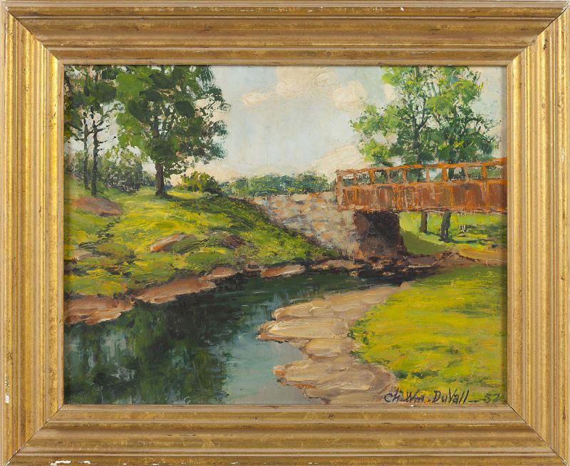 Charles William Duvall (OH, 1864-1966), Landscape: Charles William Duvall (OH, 1864-1966), Landscapeoil on masonite, signed and dated at lower right "Ch. W. DuVall 57," presented in a gilt frame. SS 10.25 x 13.25 in.; DOA 14.25 x 17.25 in.