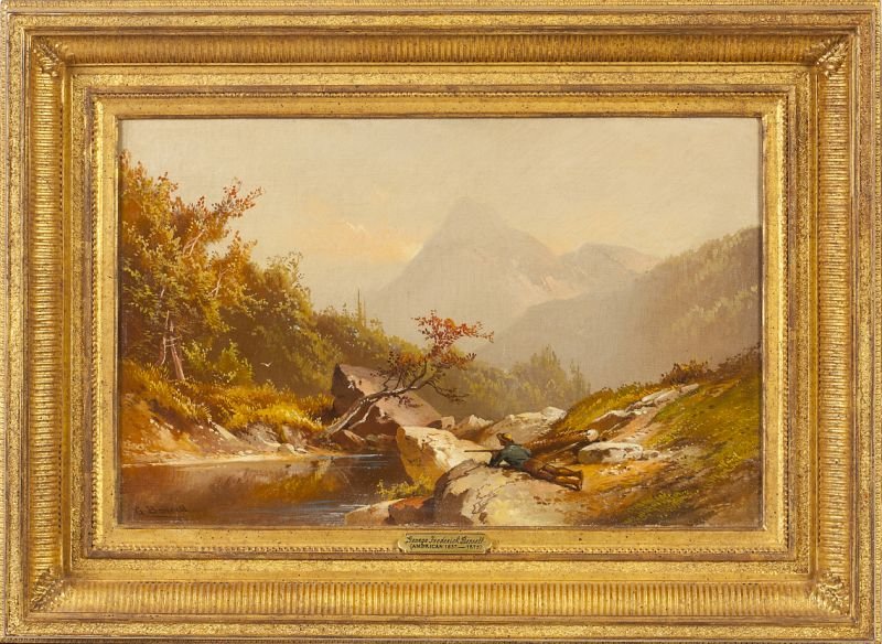 George Frederick Bensell (PA, 1837-1879), The Hunt: George Frederick Bensell (PA, 1837-1879), The Hunt oil on canvas (lined), signed at lower left "G. Bensell," mountain landscape with lone hunter, presented in a contemporary period appropriate gilt wo