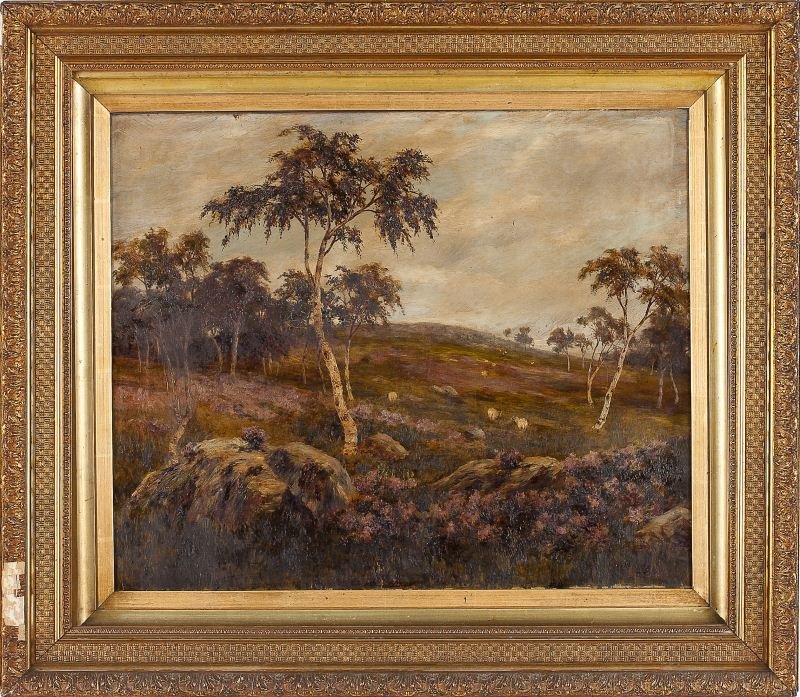 Robert Wood (Am., 19th/20th c.), Pastoral Scene: Robert Wood (Am., 19th/20th c.), Pastoral Scene oil on canvas, signed and dated at lower right "1895 / Robert Wood," presented in a period gilt composition frame with unique basket weave gilt liner. S