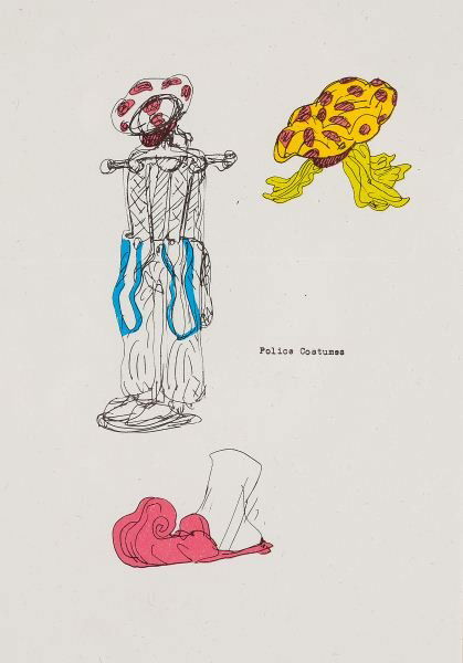 Claes Oldenburg (NY, b. 1929), "Police Costumes": Claes Oldenburg (NY, b. 1929), "Police Costumes"lithograph in colors, published by Petersburg Press of London in 1972, initialed by the artist at lower right and numbered 26/100 at lower left, matted