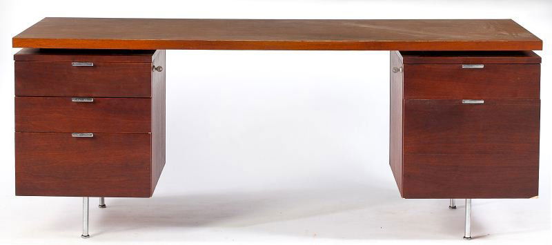 George Nelson Executive Desk, Herman Miller: George Nelson Executive Desk, Herman Millerfloating laminate top, teak veneers, oak secondary, chrome lip pulls and adjustable legs, with circular silver label in drawer "Designed by George Nelson, He