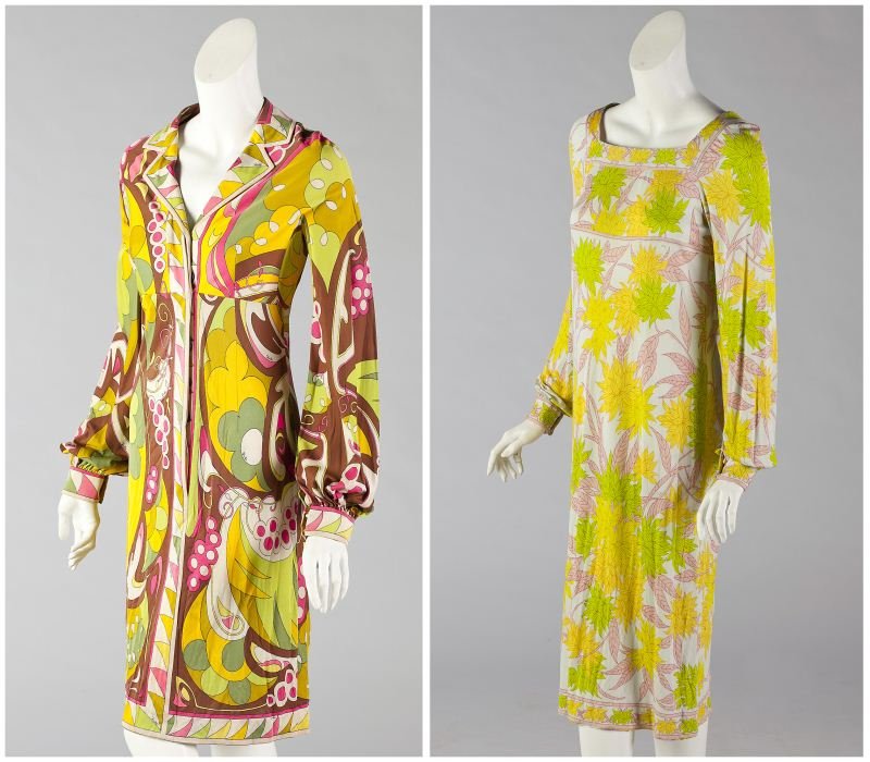 Two Printed Day Dresses, Emilio Pucci: Two Printed Day Dresses, Emilio Pucci Italian, 1960s-1970s, the first designed as a simple silk blend day dress with square neck, composed of an abstract pastel green, yellow, and pink floral print of