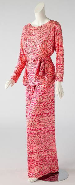 A Printed Silk Jersey Ensemble, Halston: A Printed Silk Jersey Ensemble, HalstonAmerican, circa 1970s, designed as a two piece lounge outfit in a hot pink printed jersey knit printed in a tribal style, consisting of a long sleeve printed top
