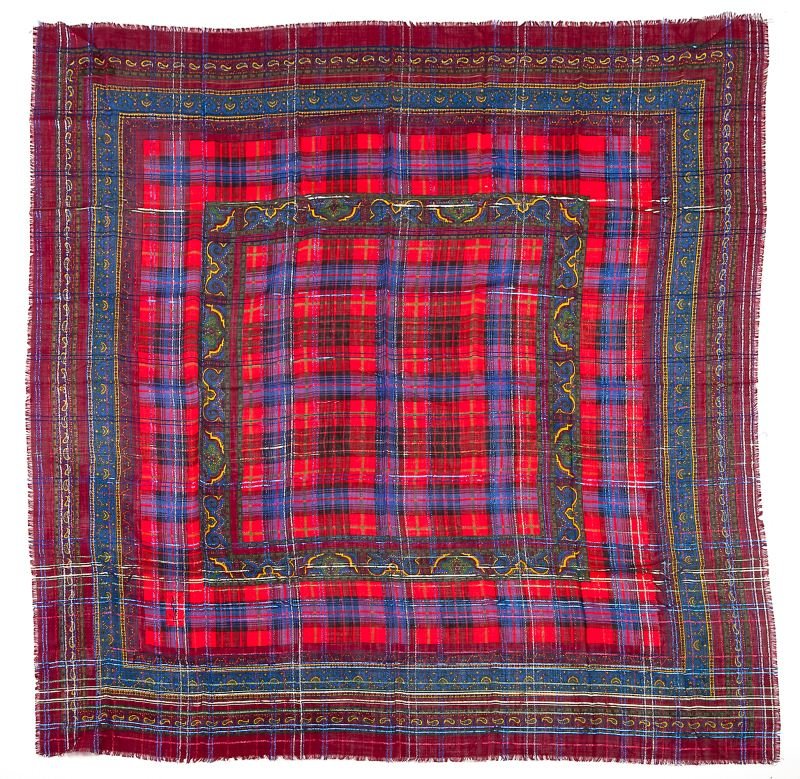 Large Metallic Threaded Scarf, Yves Saint Laurent: Large Metallic Threaded Scarf, Yves Saint Laurent circa 1980s, designed as a large scarf wrap of silk and wool blend with a basic red and black plaid motif intersected with sections of rich colored pa