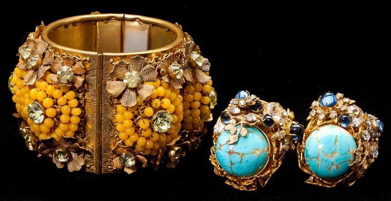 Beaded Bracelet, Floral Earclips by Miriam Haskell: Beaded Bracelet, Floral Earclips by Miriam HaskellAmerican, the first piece designed as a double sided wide bangle bracelet, circa 1940s, composed of gilt metal set with six round prong set yellow rhi