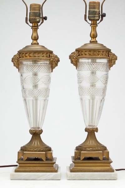 Pair of Cut Glass Table Lamps: Pair of Cut Glass Table Lamps mounted with gilt metal and raised on square marble plinth, with silk shades. HOA 32.5 in. From the Living Estate of Betsy Tom Lawrence Homewood, Raleigh, NC