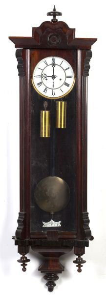Vienna Regulator Wall Clock: Vienna Regulator Wall Clockcirca 1900, time and strike brass movement with two weights, unsigned white porcelain dial with Roman numerals, the case of mahogany and mahogany veneers, glass front and si