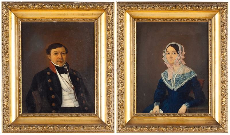Pair of Portraits, 19th Century: Pair of Portraits, 19th CenturyGerman school, oil on board, each monogrammed and dated 1845 at center right, purportedly depicting Mr. and Mrs. Herman Nachtigall of Gottengen, Germany, each in later g