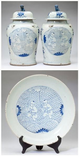 Three Piece Chinese Porcelain Garniture Set: Three Piece Chinese Porcelain Garniture Setin blue and white; including a pair of baluster form urns with removable covers featuring foo dog covers, with four applied mask form bosses, each side featu