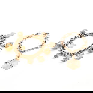 Two Gold Charm Bracelets: Two Gold Charm Braceletsthe first a curb link chain bracelet, completed with integrated box clasp, stamped with a maker's mark and 14K, and suspending nine charms, to include: an orb with floral and f