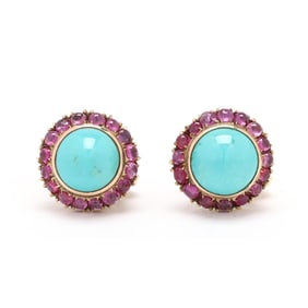 Gold, Turquoise, and Ruby Earrings