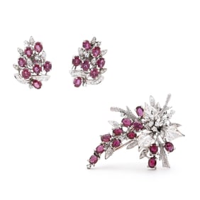 White Gold Plated, Ruby, and Diamond Brooch and Earrings