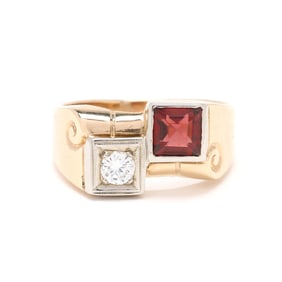 Gent's Bi-Color Gold, Garnet, and Diamond Ring