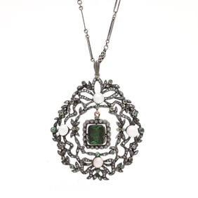 Silver Topped Gold and Gem-Set Wreath Motif Pendant with a Fancy Silver Chain
