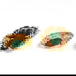 Two Vintage Gold and Hardstone Rings: Two Vintage Gold and Hardstone Ringsto include: a whimsical foliate motif ring set to the center with an oval cabochon green stone (possibly nephrite jade), the shoulders with elven figures and floral