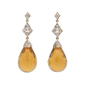 Silver Topped Gold, Smoky Quartz, and Diamond Earrings