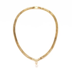 Gold Necklace with Pearl and Diamond Drop Pendant