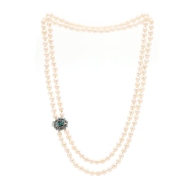 Double Strand Pearl Necklace with White Gold and Turquoise Clasp