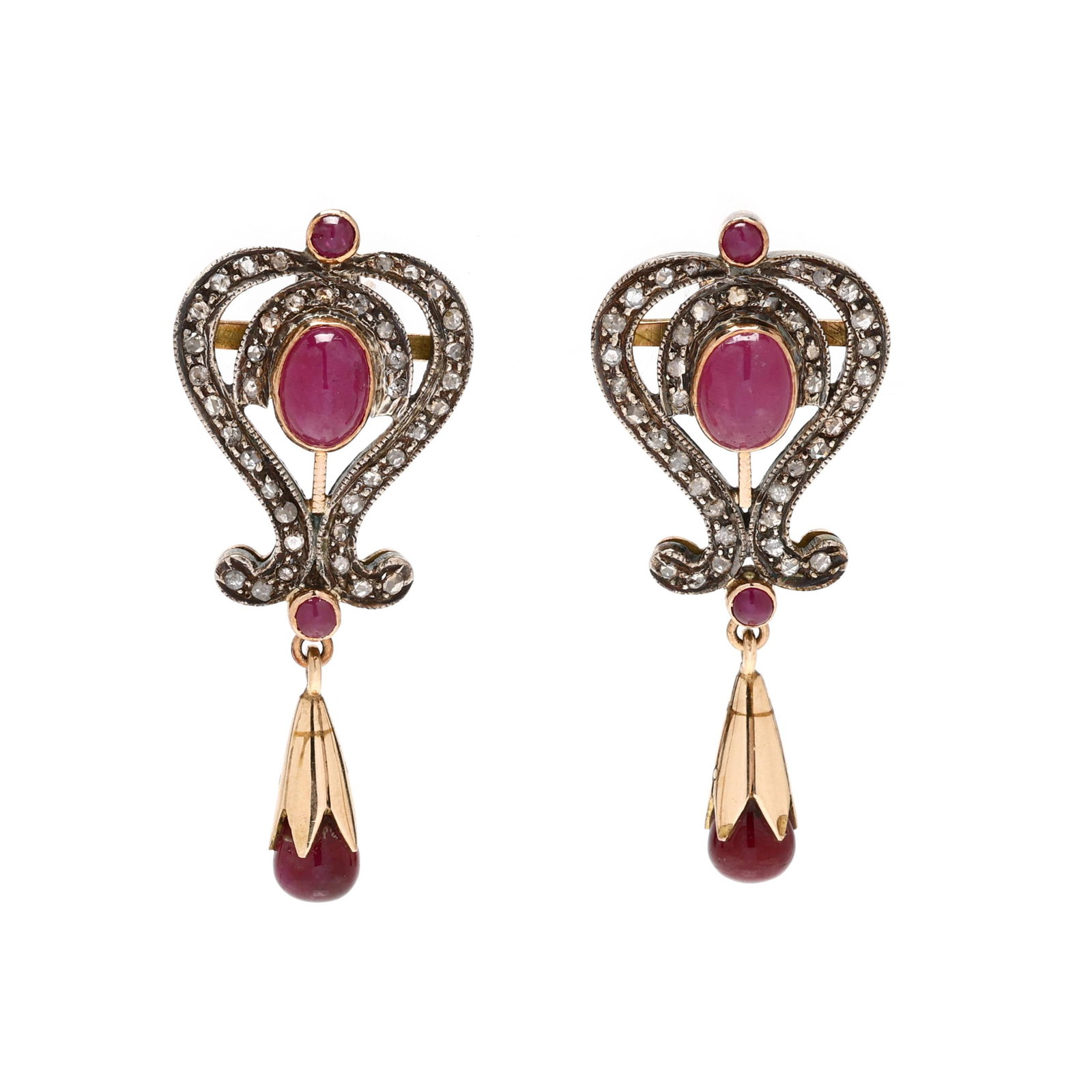 Silver Topped Gold, Cabochon Ruby, and Diamond Dangle Earrings (1 of 3)
