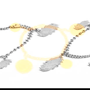 Charm Bracelet with Four Gold Philippines Coins: Charm Bracelet with Four Gold Philippines Coinsthe curb link chain suspending four charms, to include: two one Peso Isabel II coins dated 1862 and 1864 (1 in.); and two four Peso Isabel II coins dated