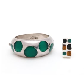 A Sterling Silver and Gem-Set Bangle and a Sterling Silver and Gem-Set Ring, Mexico