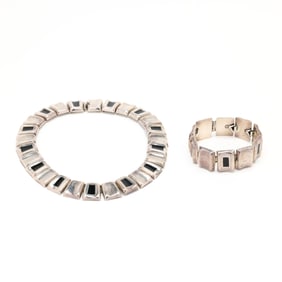 Sterling Silver and Black Enamel Necklace and Bracelet Set, Mexico