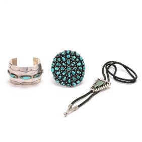 Two Southwestern Silver and Turquoise Cuff Bracelets and a Bolo Tie