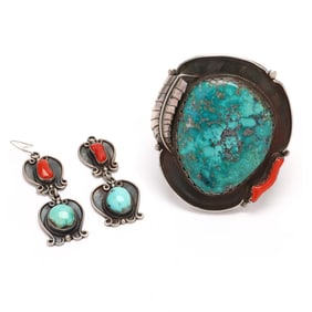 A Silver and Gem-Set Cuff Bracelet and Silver and Gem-Set Earrings