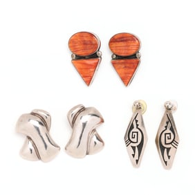 Two Pairs of Southwestern Sterling Silver Earrings and a Pair of Mexican Sterling Silver Earrings,