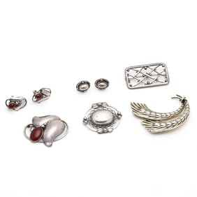 Four Sterling Silver Brooches and Two Pairs of Silver Earrings, Georg Jensen