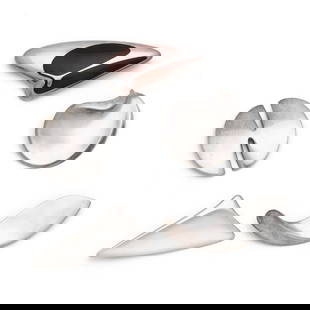 Five Modernist Sterling Silver Brooches, Georg Jensen: Five Modernist Sterling Silver Brooches, Georg Jensento include: a circle brooch with cutouts, completed with a locking pin stem, stamped with maker's mark and 925S / Denmark / 337B (1 9/16 in.); a pe