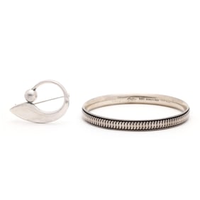 Sterling Silver Brooch and Bangle Bracelet, Hans Hansen