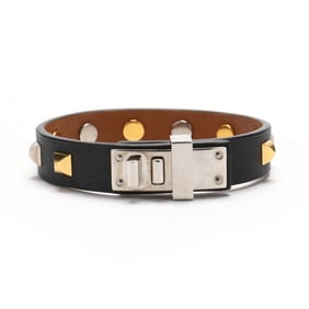 Black Leather Mini Dog Clous Carres Bracelet, Hermès