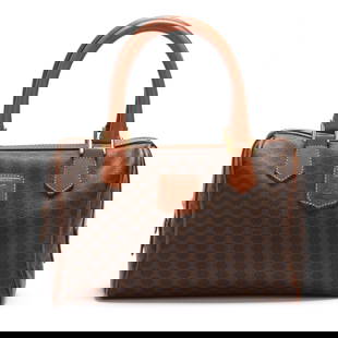 Brown Canvas Boston Bag, Celine: Brown Canvas Boston Bag, Celinethe exterior in brown Macadam canvas with brown leather accents, gold-tone hardware, rolled leather handles, name plate, and main zipper pocket, the interior in brown le