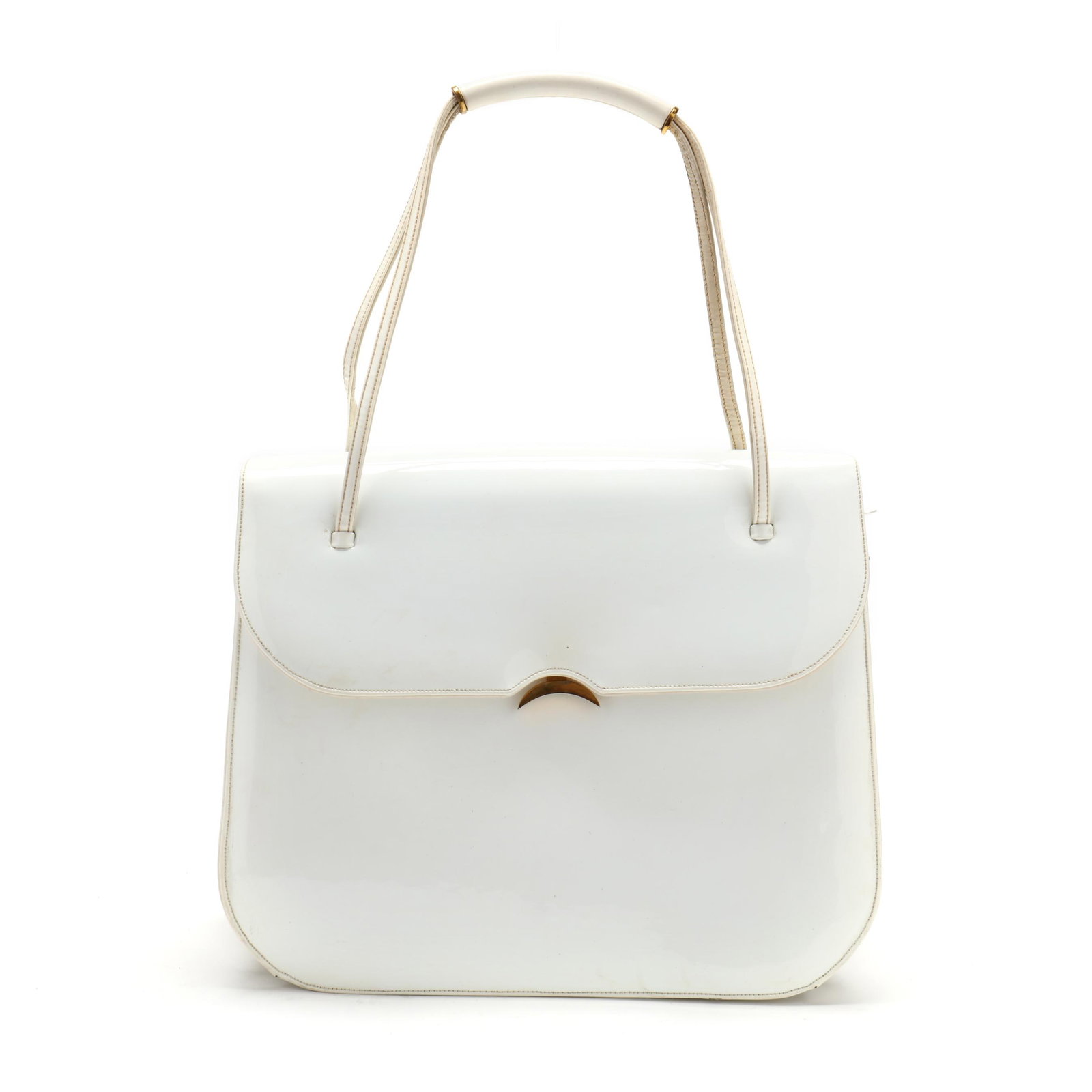Patent Leather Handbag, Judith Leiber: Patent Leather Handbag, Judith Leiber the exterior in white patent leather with white leather handles, gold-tone hardware, and flap with crescent shaped clasp, the interior in golden fabric with three