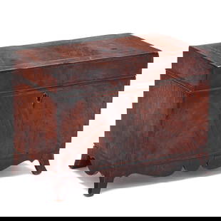 George III Inlaid Mahogany Tea Caddy: George III Inlaid Mahogany Tea Caddycirca 1800, pine secondary, dovetailed case with mahogany veneers, light and dark wood inlays, hinged lid, divided interior, scalloped skirt with French bracket fee
